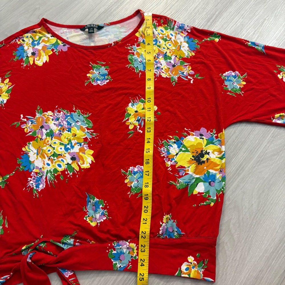 Lauren Ralph Lauren Top Women Red Floral Tie Front Dolman Sleeve Knit Top Large - Picture 5 of 12